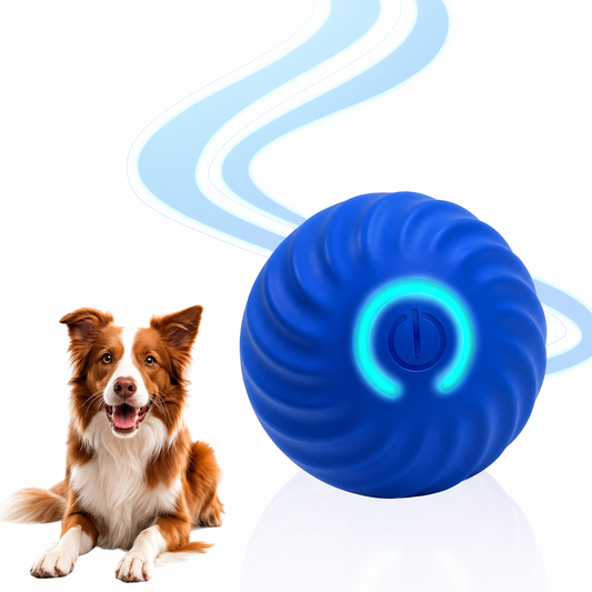 blue interactive dog toy ball with LED light automatic rolling smart pet toy with border collie dog on white background