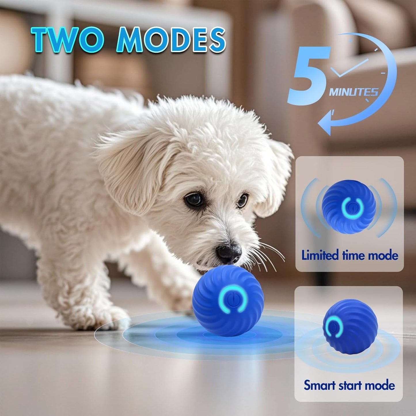 small white dog playing with blue interactive LED toy ball showing two modes smart start and limited time mode on indoor floor