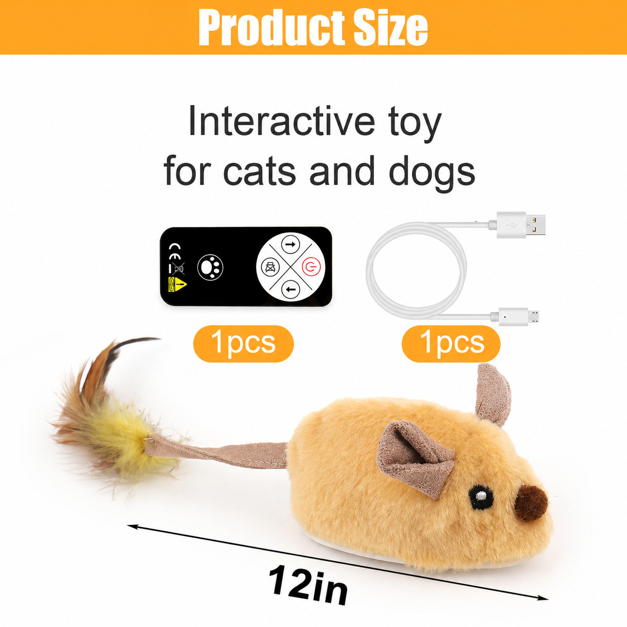 12 inch interactive mouse toy for cats and dogs with rechargeable USB cable and remote control showing product size and features