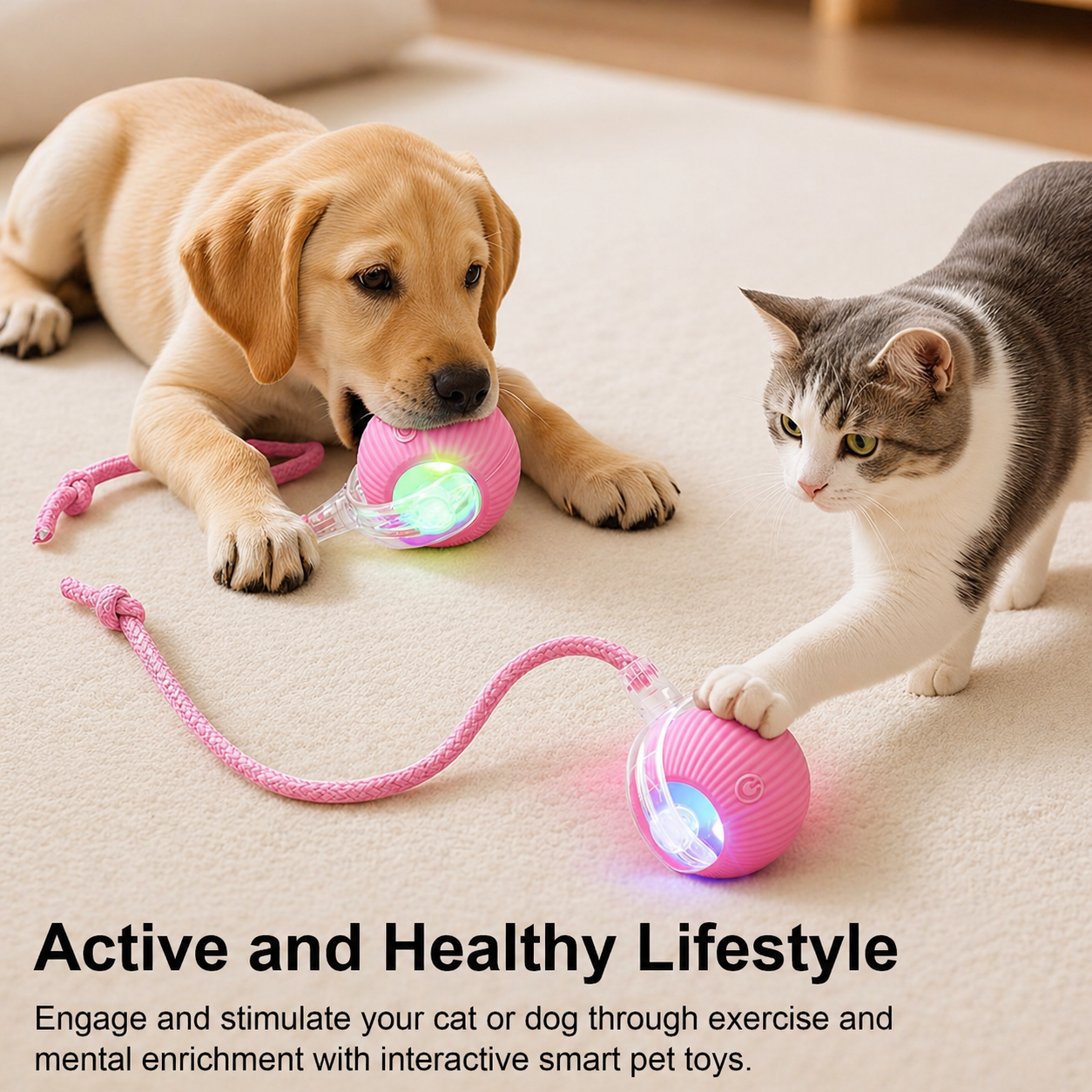 Dog and cat playing with pink interactive pet ball toy promoting active and healthy lifestyle for pets indoors