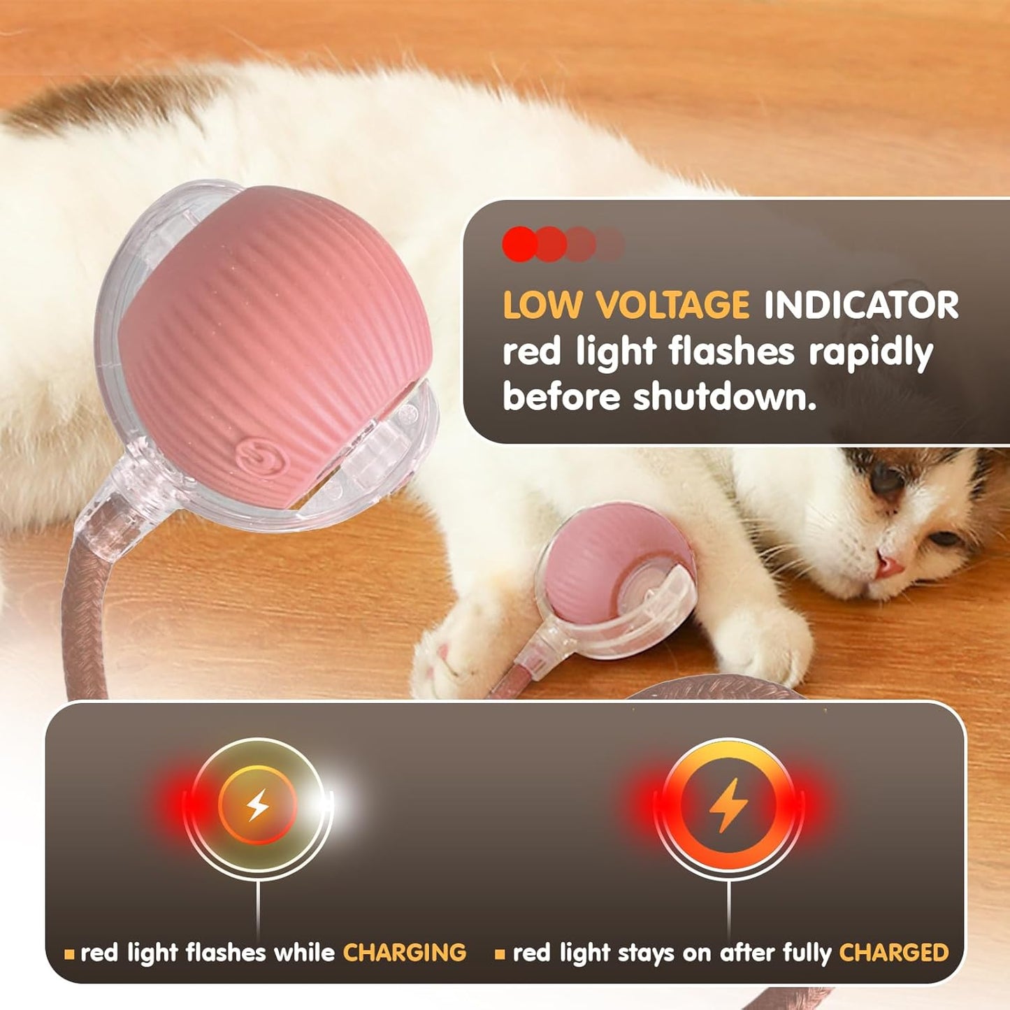 Smart interactive pet ball showing low battery indicator and charging status with red light for cat toy rechargeable feature
