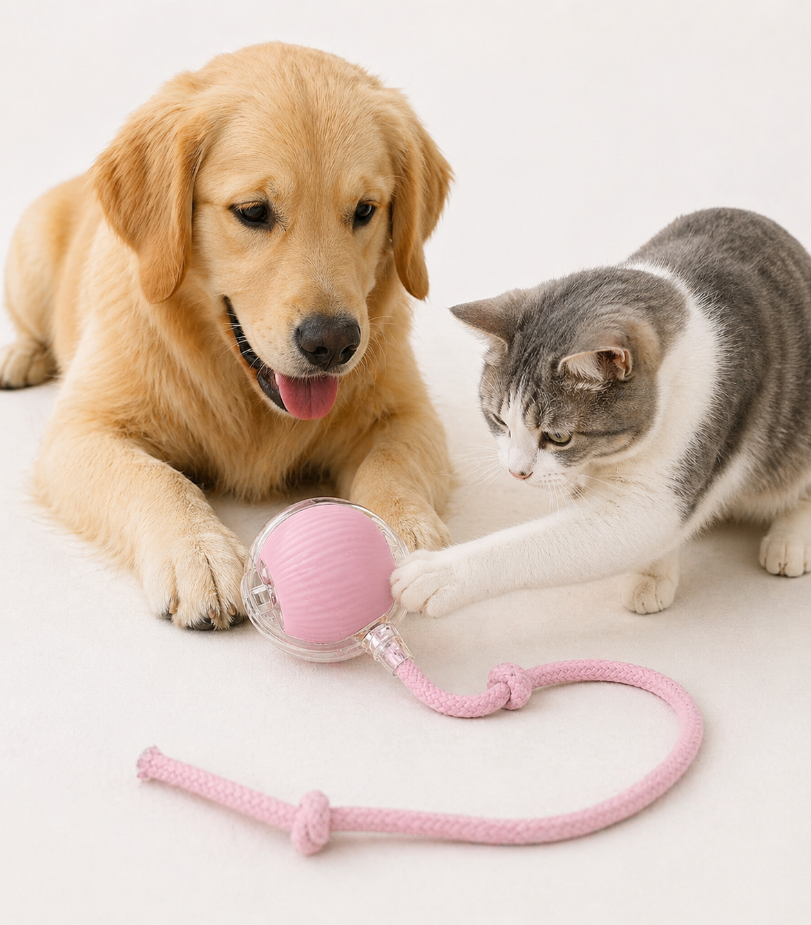 Dog and cat playing with pink interactive pet ball toy with rope, rechargeable smart toy for indoor pet exercise and enrichment