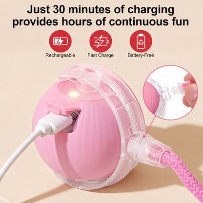 Pink interactive pet ball toy with USB charging showing fast recharge feature for cats and dogs with long playtime