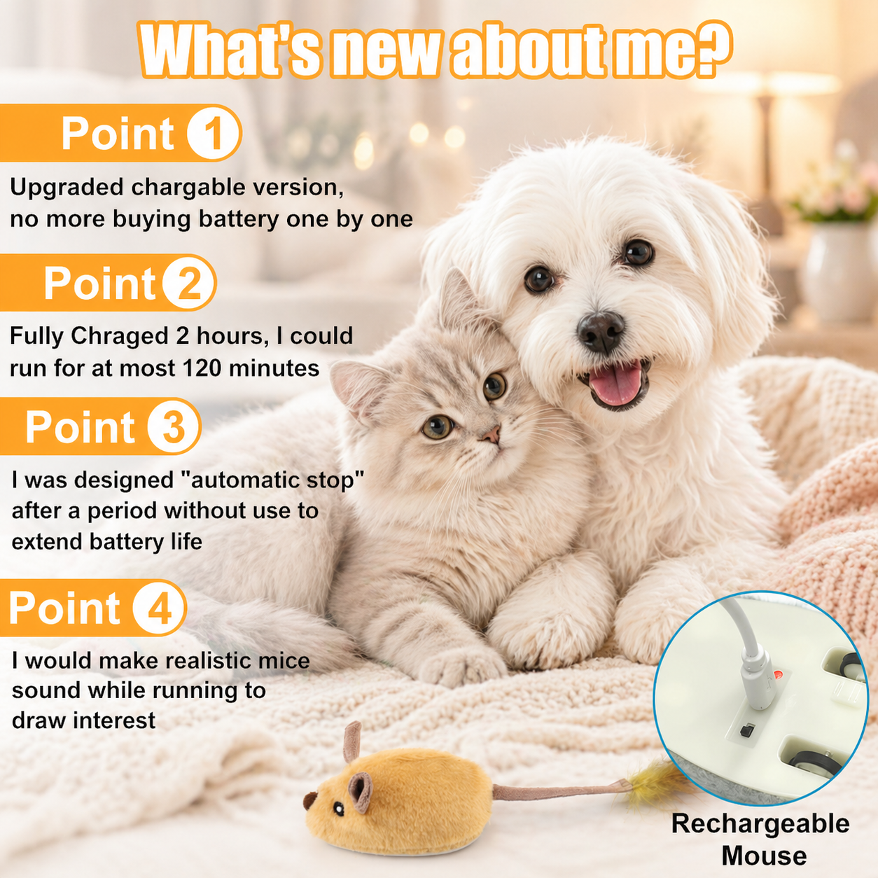 Rechargeable interactive mouse toy for cats and dogs showing key features including long battery life, automatic stop function, and realistic sound with cat and dog cuddling nearby
