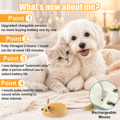 Rechargeable interactive mouse toy for cats and dogs showing key features including long battery life, automatic stop function, and realistic sound with cat and dog cuddling nearby