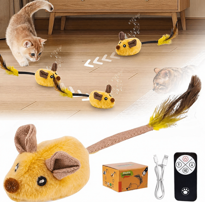 Interactive remote control mouse toy for cats and dogs with realistic movement, rechargeable design, and yellow plush mice entertaining pets indoors