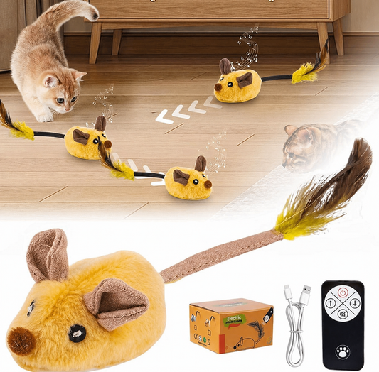 Interactive remote control mouse toy for cats and dogs with realistic movement, rechargeable design, and yellow plush mice entertaining pets indoors
