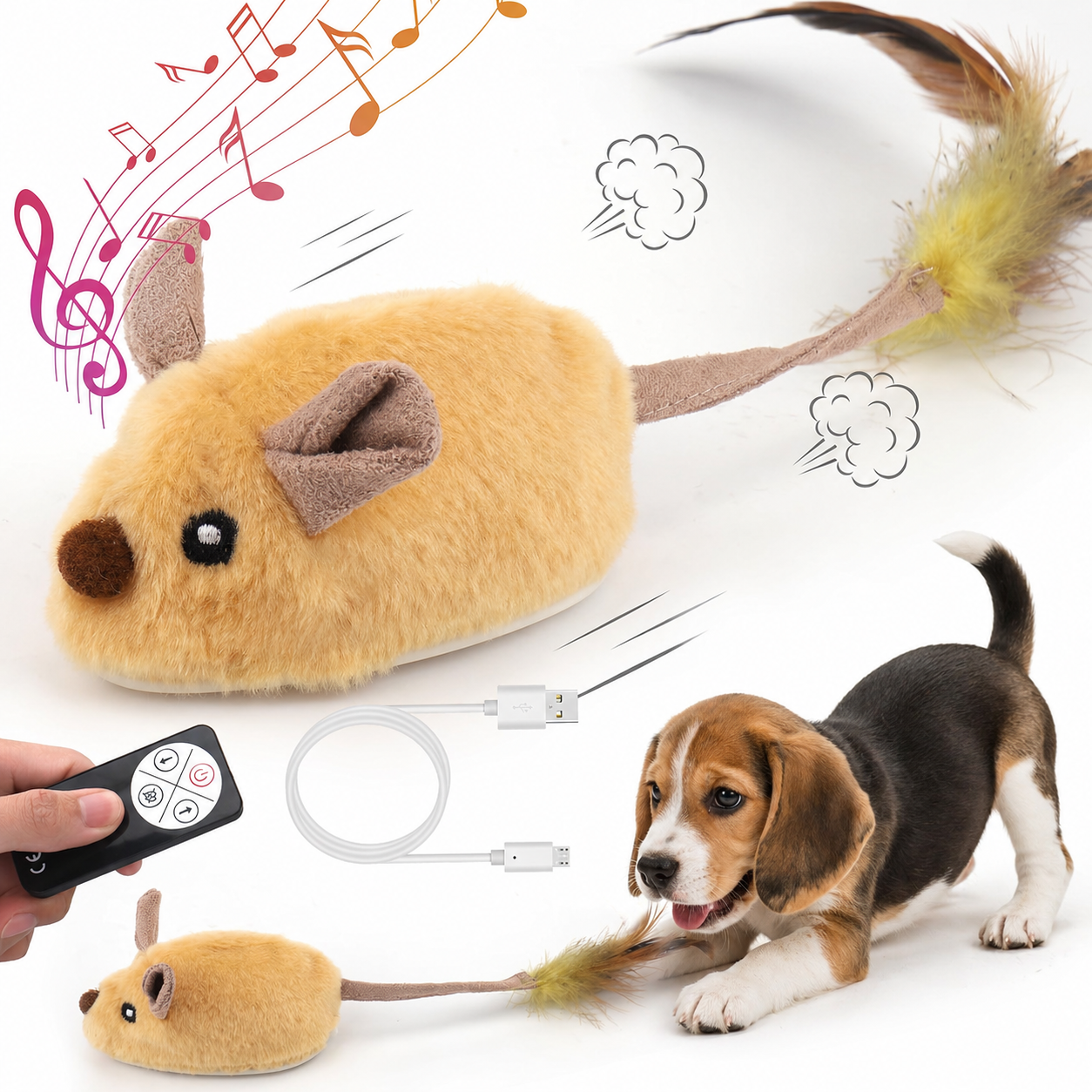 Beagle puppy playing with interactive remote control mouse toy featuring rechargeable USB cable, realistic movement, and sound for pet stimulation