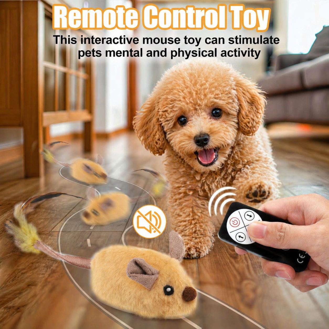 Poodle puppy playing with interactive remote control mouse toy featuring realistic movement and sound for pet mental and physical stimulation