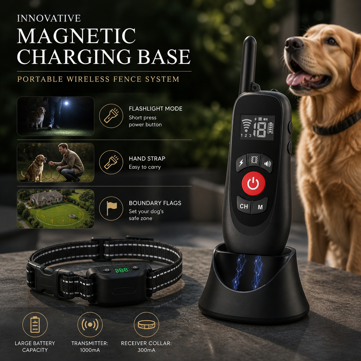 Premium wireless dog fence system with magnetic charging base, remote control and adjustable dog collar displayed outdoors