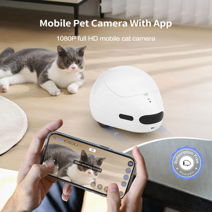 Mobile pet camera robot with app control showing live 1080p HD video of a cat on smartphone screen
