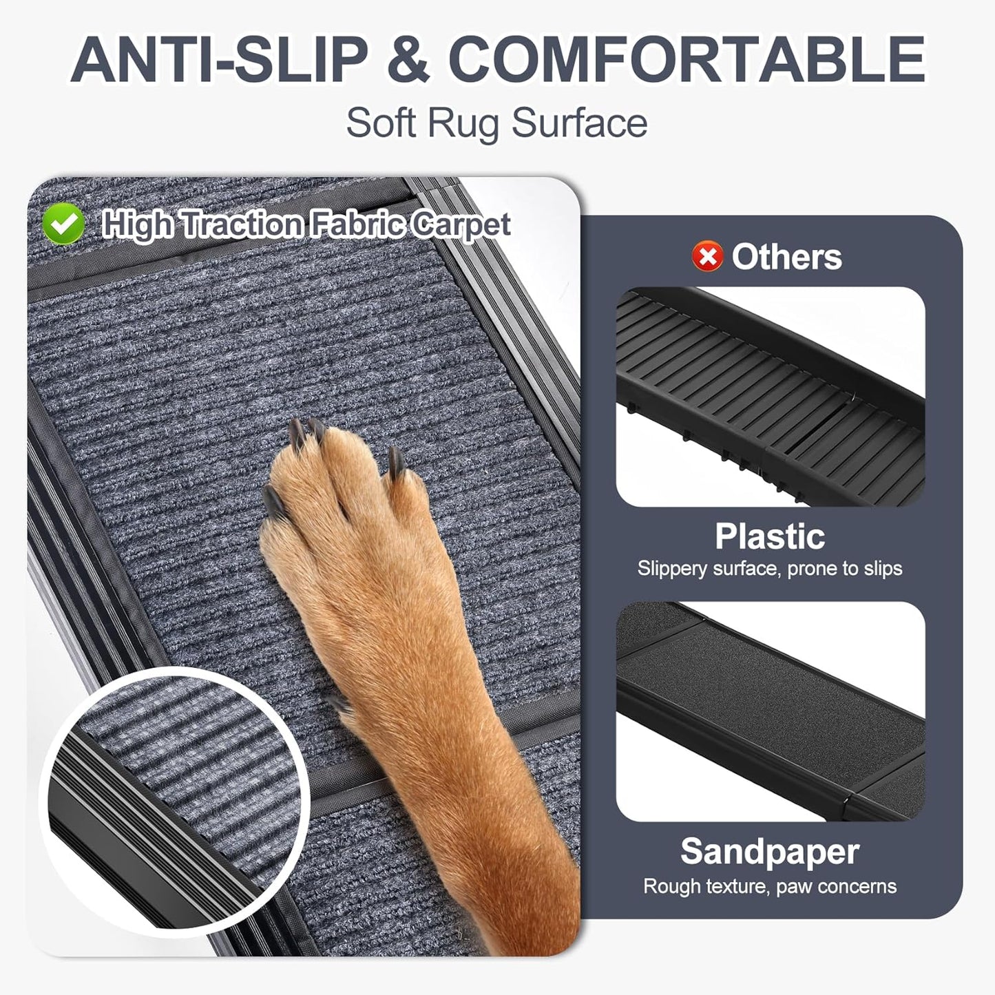 Close-up of non-slip dog ramp with soft carpet surface and high traction fabric, safe for dog paws compared to plastic or sandpaper ramps