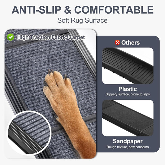 Close-up of non-slip dog ramp with soft carpet surface and high traction fabric, safe for dog paws compared to plastic or sandpaper ramps