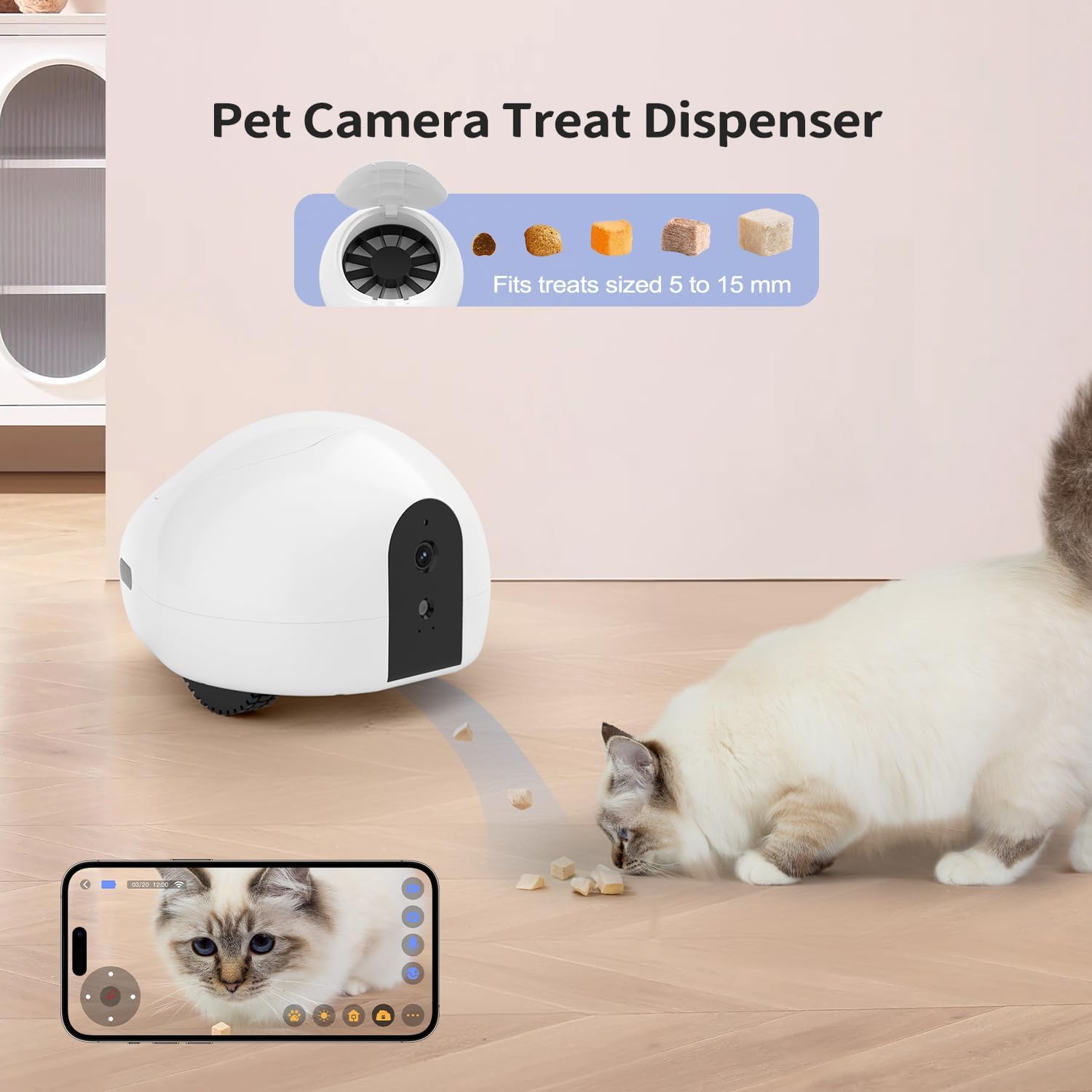 Smart pet camera robot dispensing treats to a cat with app control and interactive feeding feature
