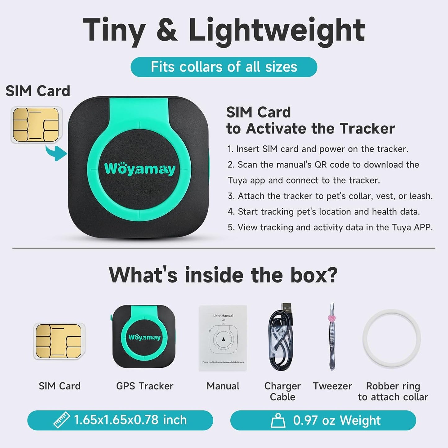 Lightweight GPS pet tracker with SIM card setup instructions, box contents, and size details for dog and cat collar tracking device
