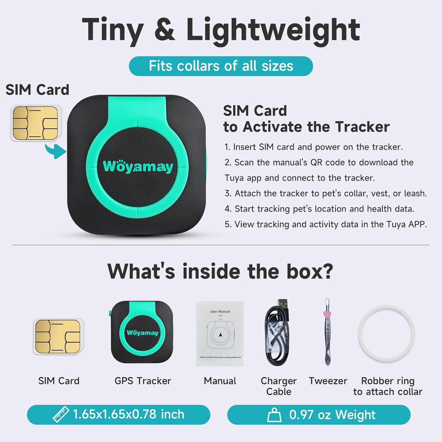 Lightweight GPS pet tracker with SIM card setup instructions, box contents, and size details for dog and cat collar tracking device