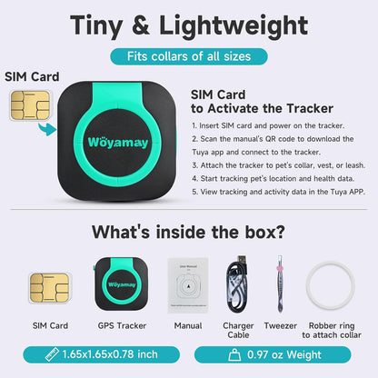Lightweight GPS pet tracker with SIM card setup instructions, box contents, and size details for dog and cat collar tracking device