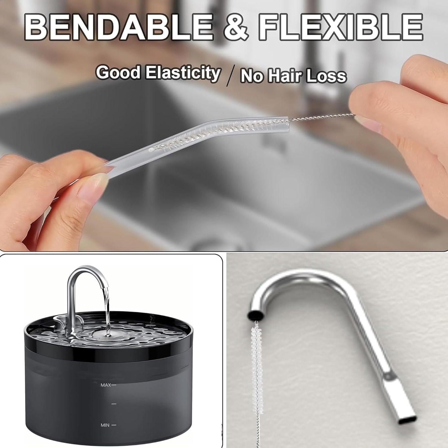 flexible pet water fountain cleaning brush being bent to show elasticity for cleaning tubes and pipes in dog and cat water dispensers