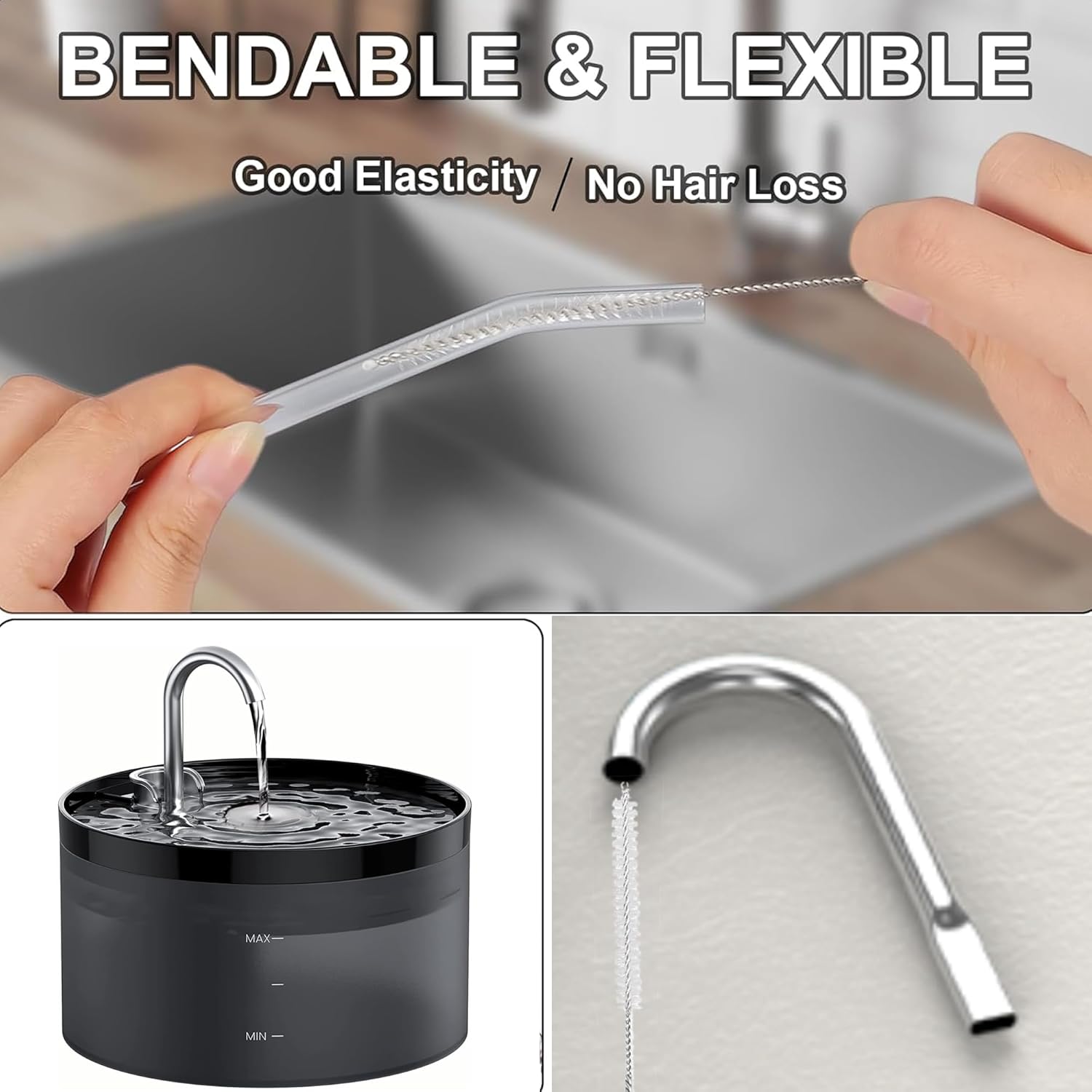 flexible pet water fountain cleaning brush being bent to show elasticity for cleaning tubes and pipes in dog and cat water dispensers