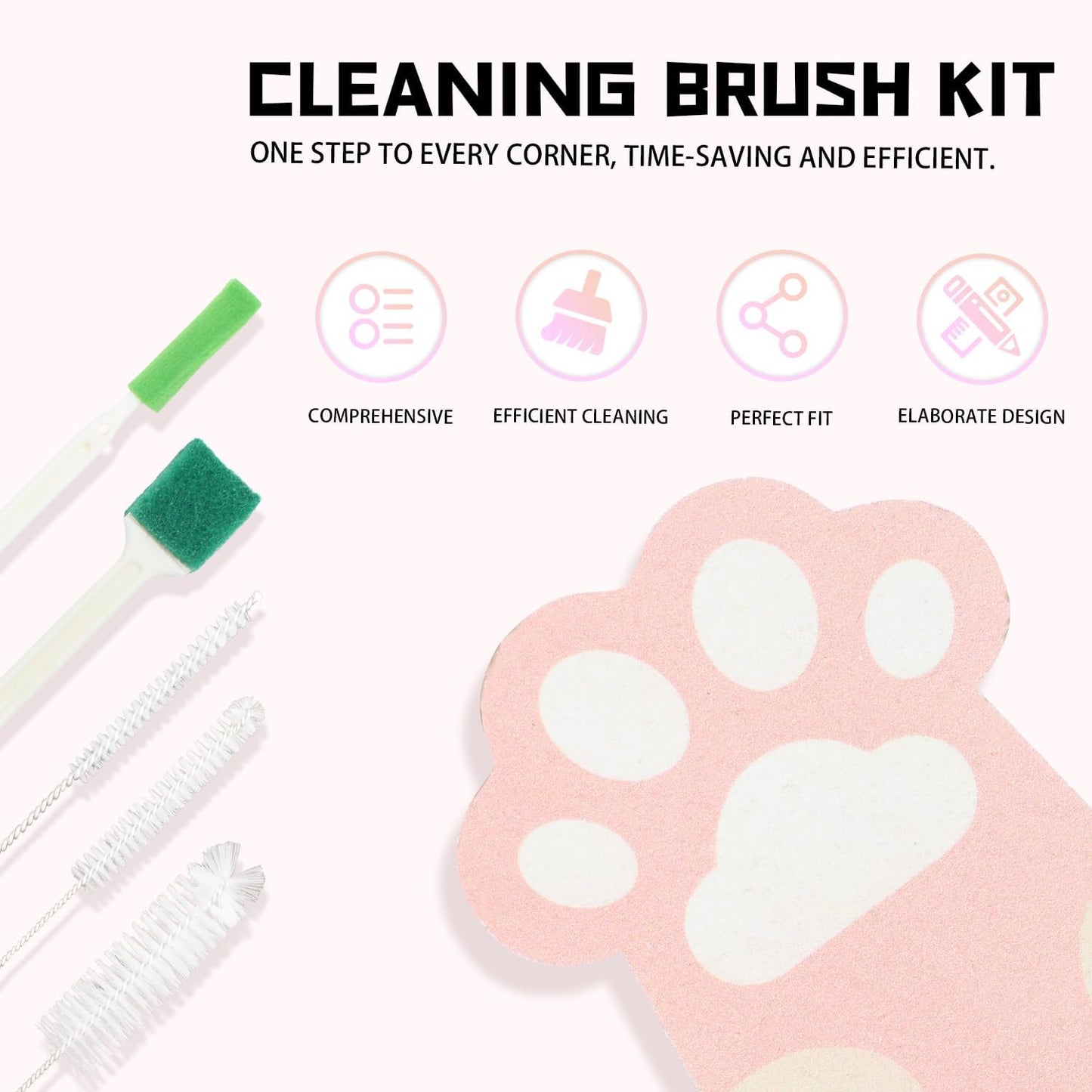 pet water fountain cleaning brush kit showing features like efficient cleaning, comprehensive tools, and sponge brush for dog and cat dispensers