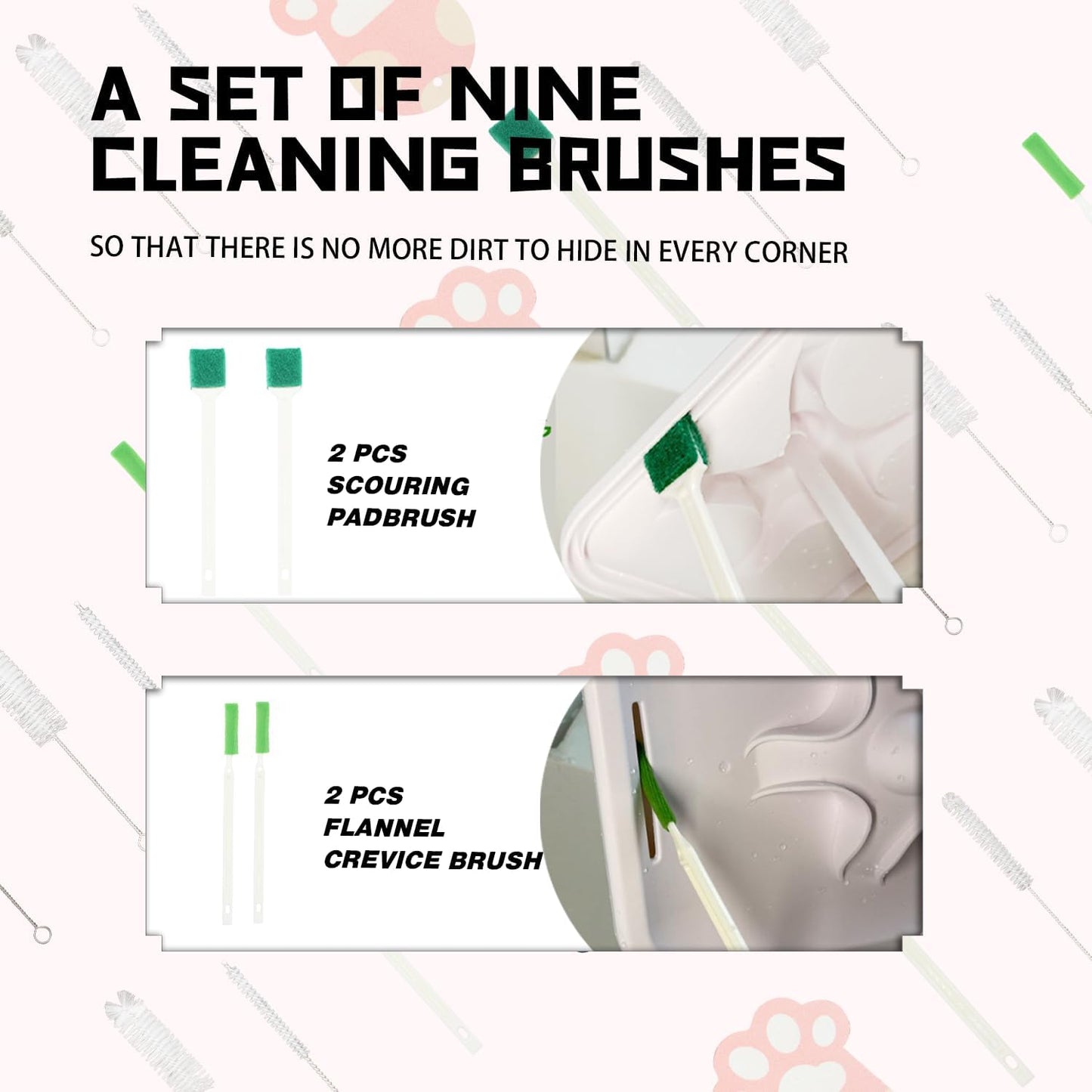 pet water fountain cleaning kit showing 9-piece brush set including scouring pad brushes and crevice brushes for deep cleaning dog and cat dispensers