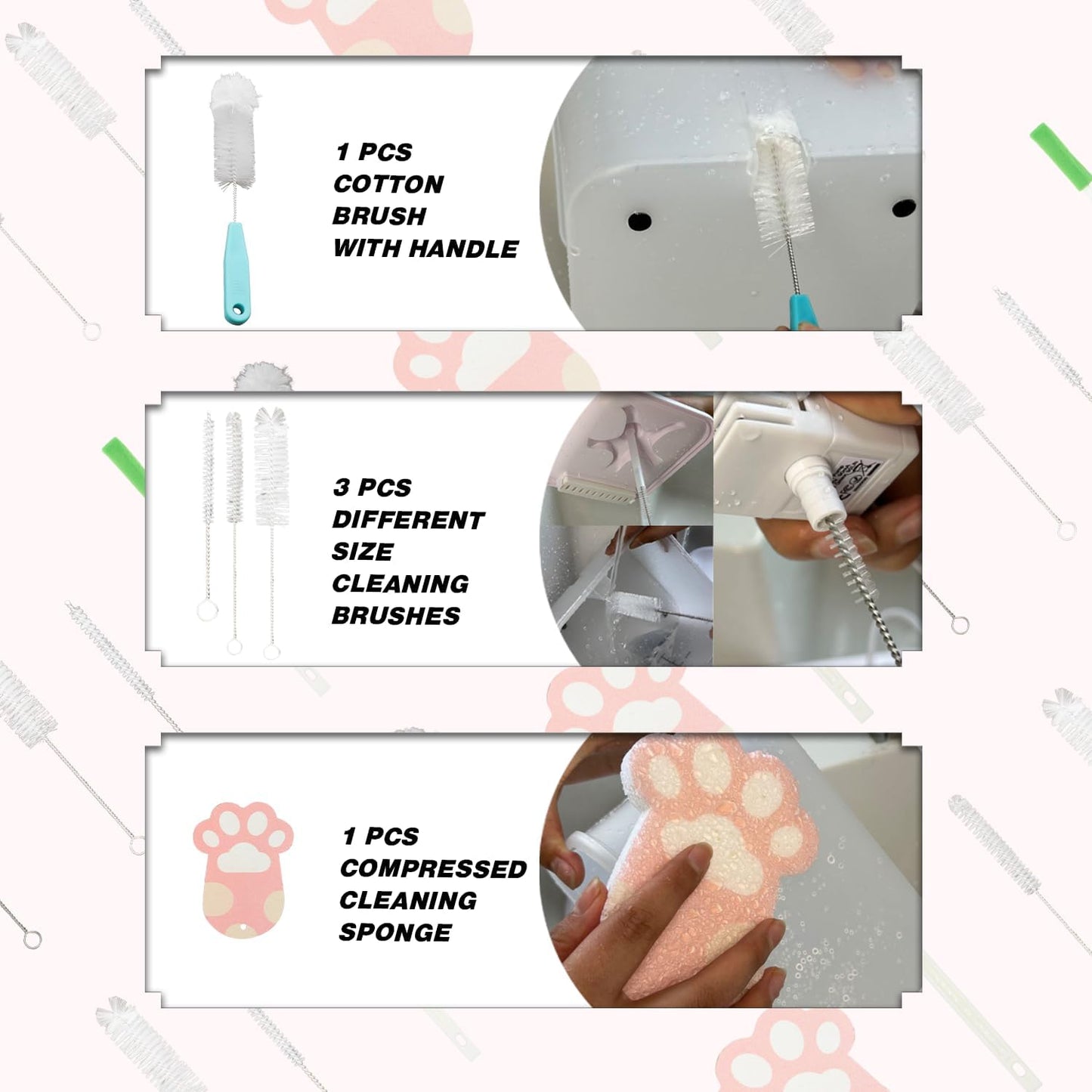 pet water fountain cleaning kit showing cotton brush with handle, multiple size tube brushes, and compressed sponge for cleaning dog and cat water dispensers