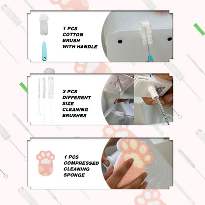 pet water fountain cleaning kit showing cotton brush with handle, multiple size tube brushes, and compressed sponge for cleaning dog and cat water dispensers