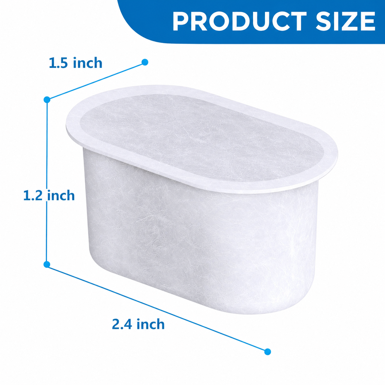 pet water fountain filter with labeled size dimensions 2.4 inch length 1.5 inch width and 1.2 inch height for replacement filter compatibility