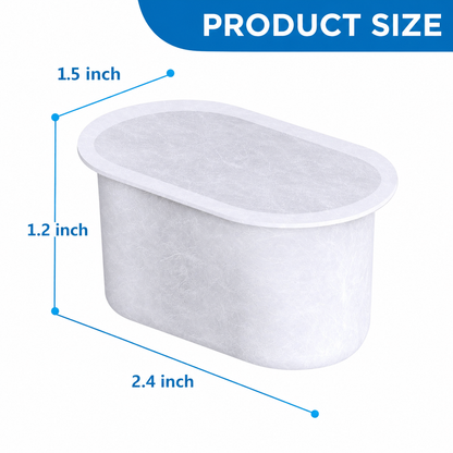 pet water fountain filter with labeled size dimensions 2.4 inch length 1.5 inch width and 1.2 inch height for replacement filter compatibility