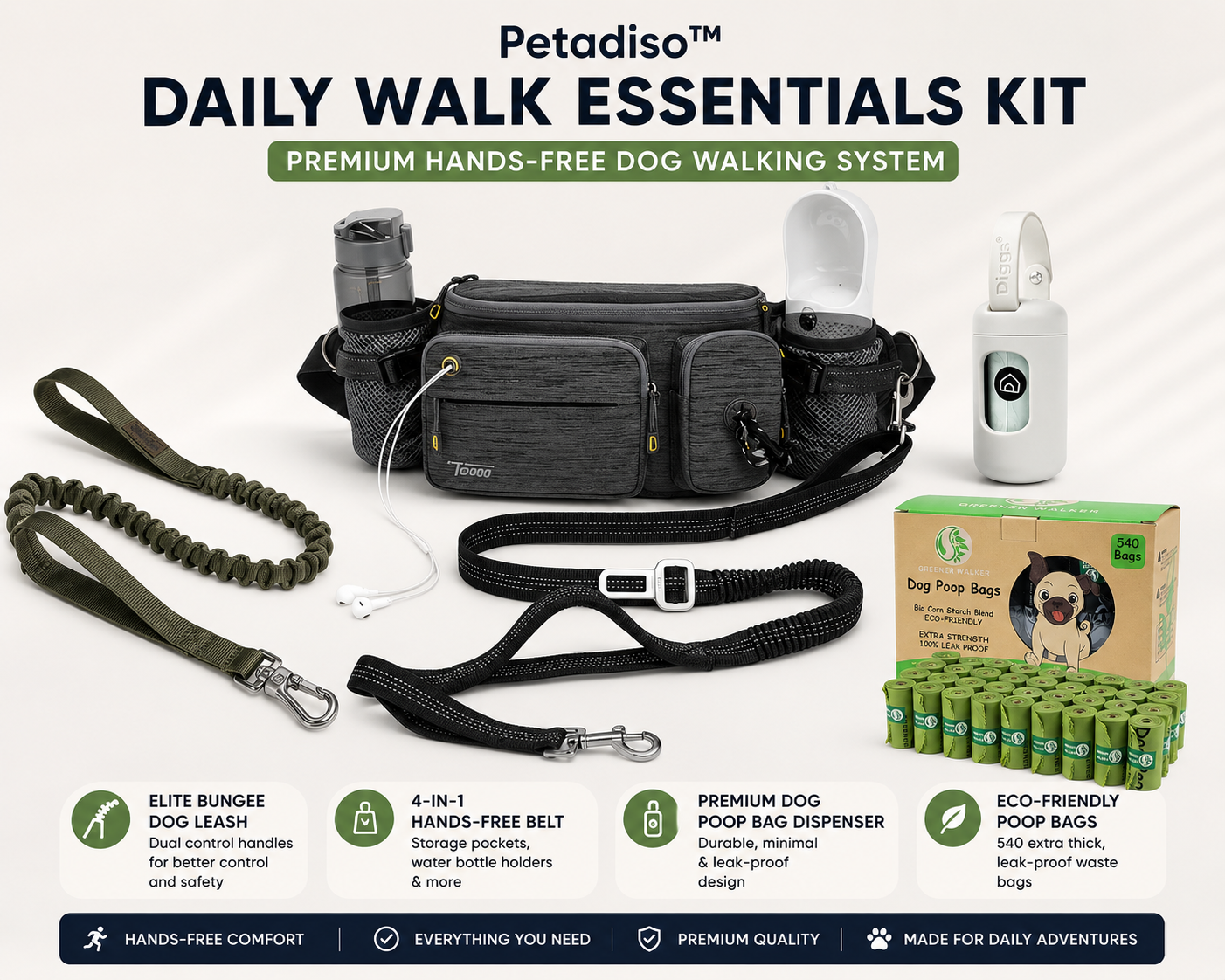 Petadiso™ Daily Walk Essentials Kit with hands-free dog leash belt, elite bungee leash, poop bag dispenser, and eco-friendly dog waste bags.