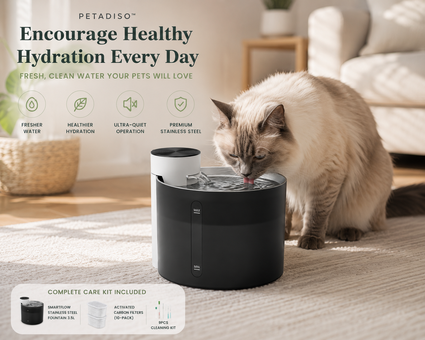 Cat drinking from the Petadiso™ stainless steel pet water fountain included in the Hydration & Health Kit with activated carbon filters and cleaning tools.