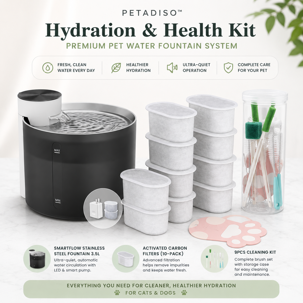 Petadiso™ Hydration & Health Kit with a stainless steel pet water fountain, activated carbon replacement filters, and 9-piece cleaning kit for cats and dogs.