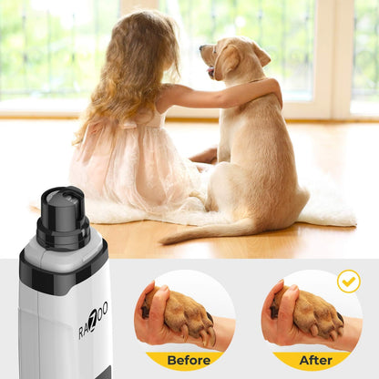 Dog nail before and after trimming using pet nail grinder showing smooth and safe grooming results with relaxed pet owner and puppy