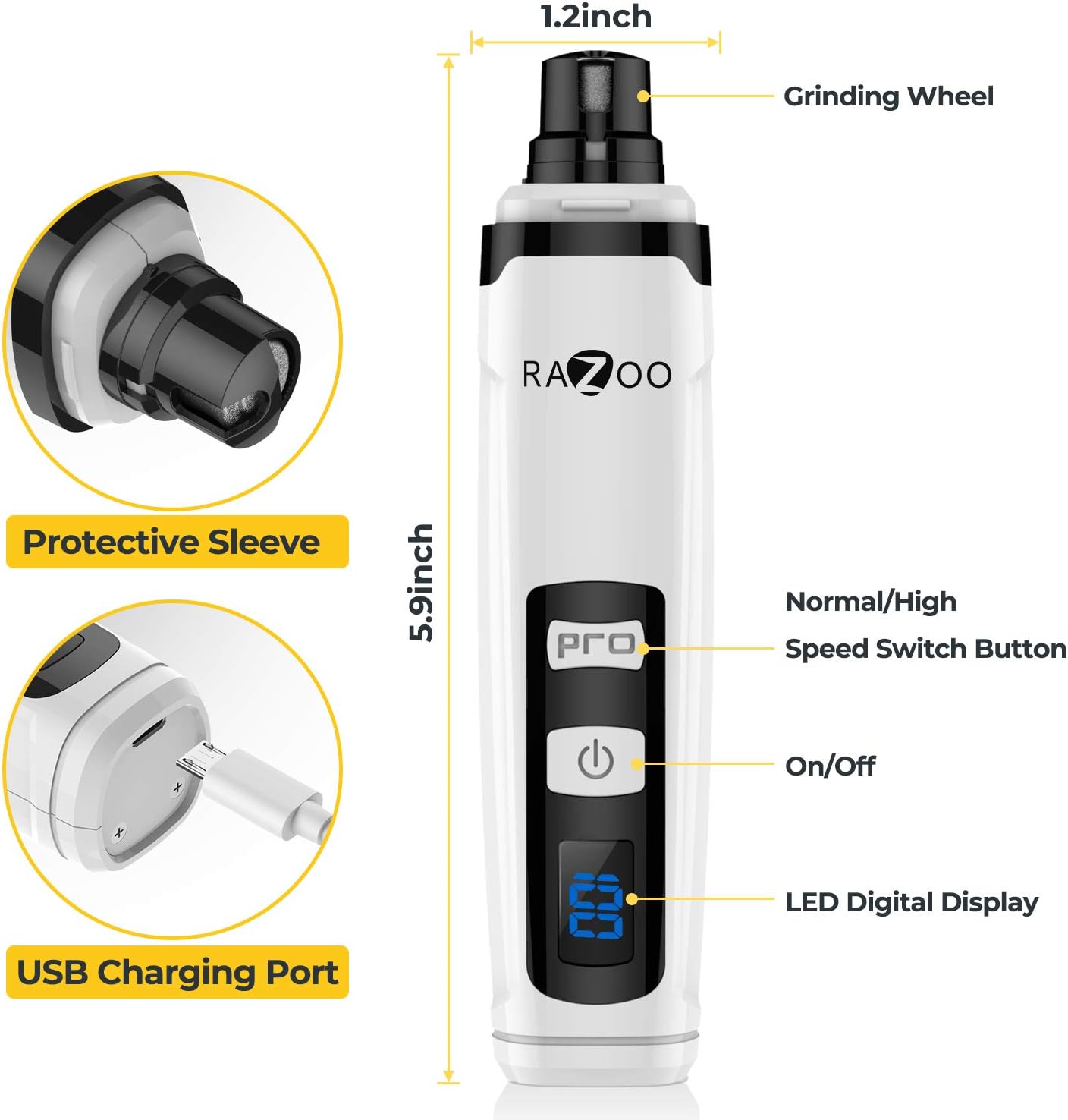 Pet nail grinder with labeled dimensions and features including LED display, USB charging port, protective sleeve and dual speed control for dogs and cats