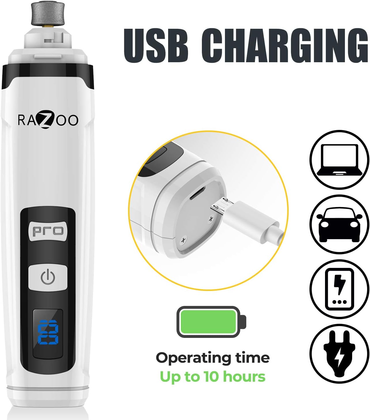 USB rechargeable pet nail grinder with LCD display showing battery level and up to 10 hours operating time for dogs and cats