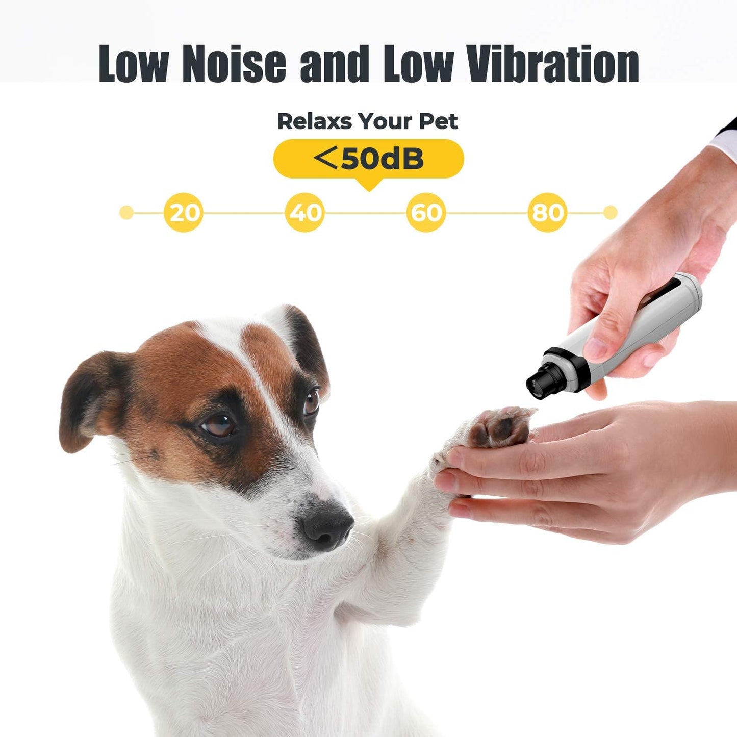 Low noise pet nail grinder under 50dB being used on dog paw for safe, quiet and stress-free grooming at home