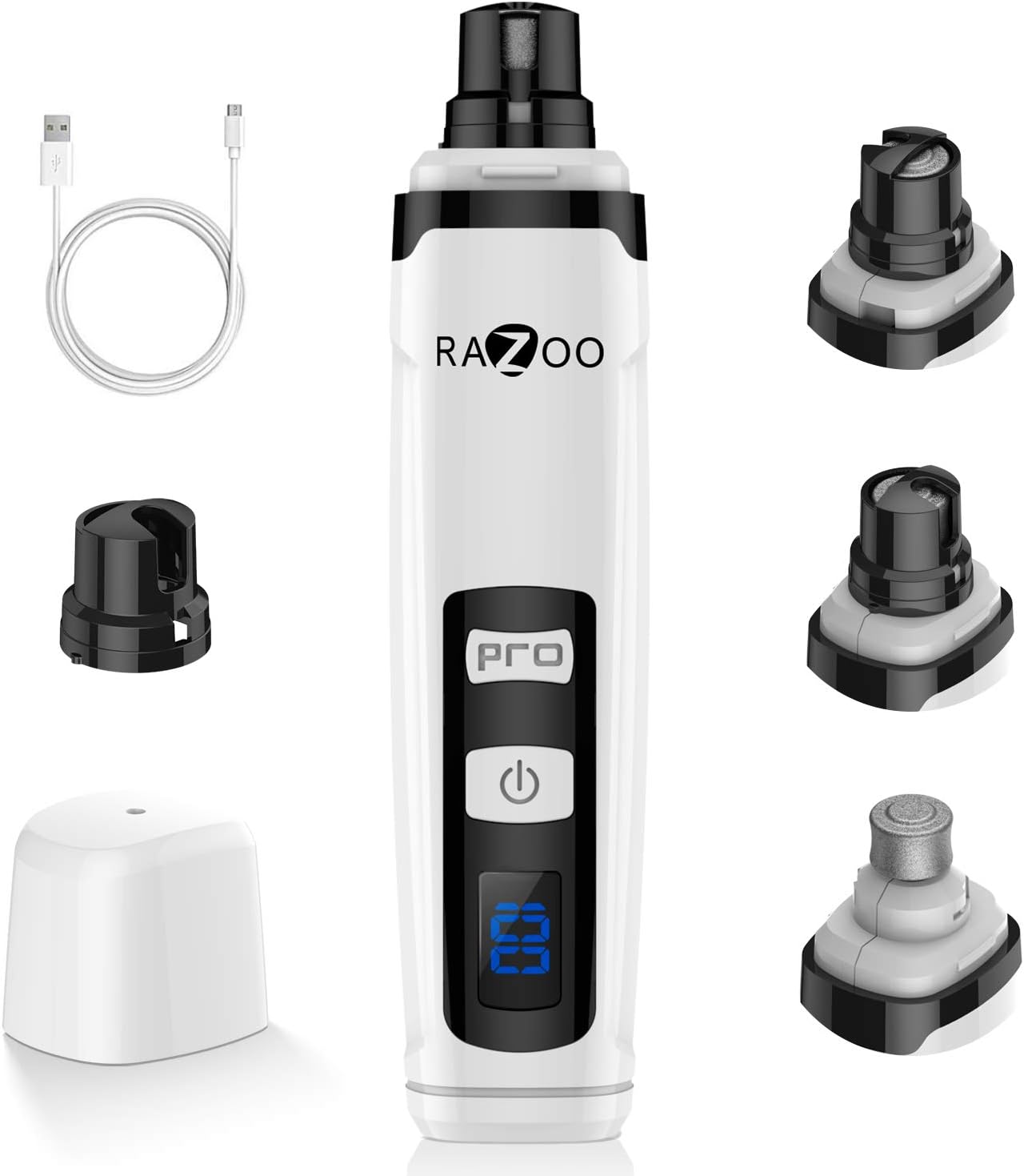 Rechargeable pet nail grinder with LCD display and multiple grinding heads for safe, quiet dog and cat nail trimming in white color