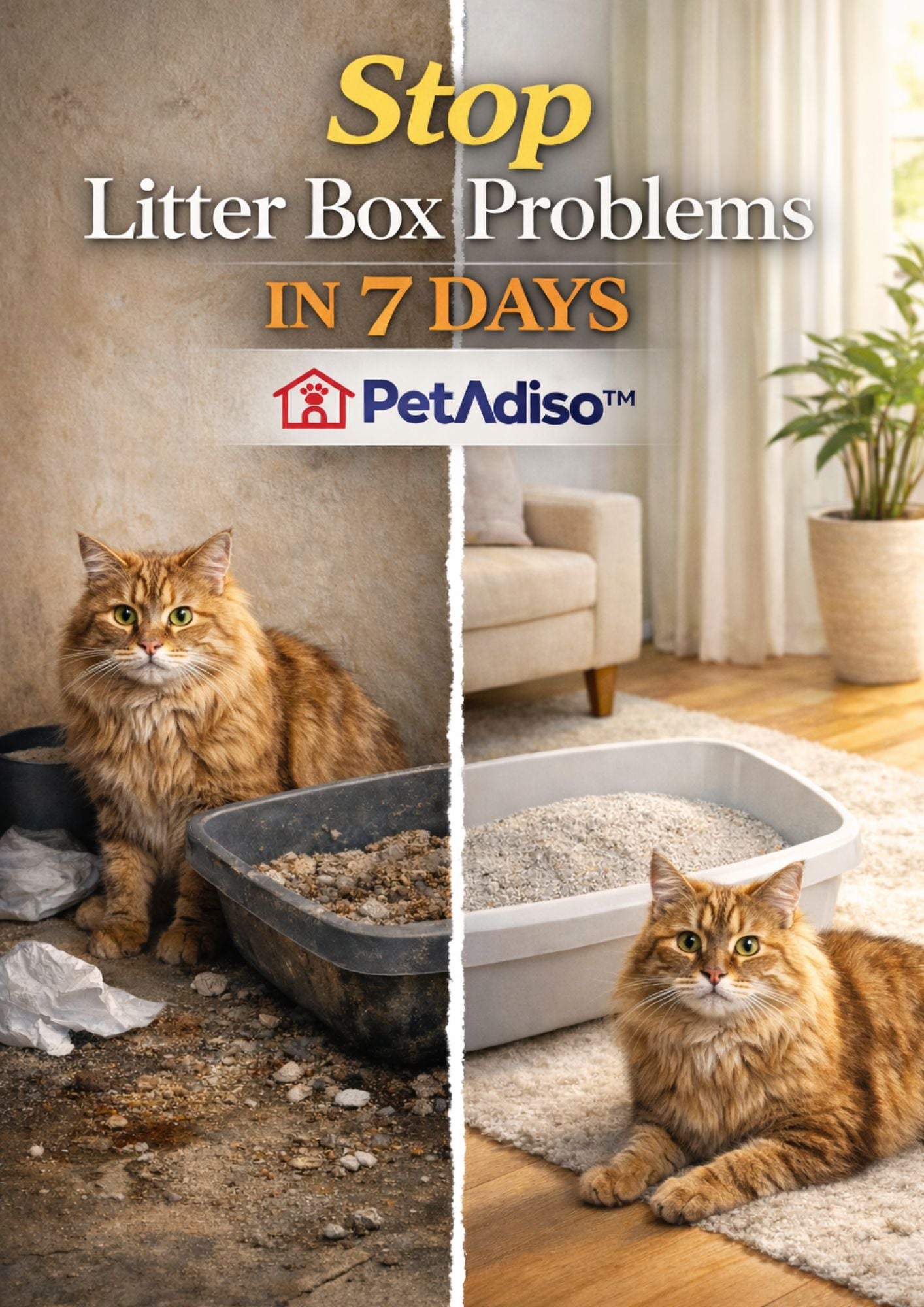 Cat litter box training before and after scene – stop litter box problems in 7 days premium Petadiso guide