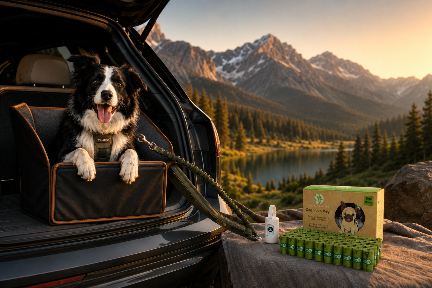 Border Collie sitting in Petadiso™ luxury hard-bottom dog travel seat beside an SUV at a mountain lake campsite during golden hour with premium bungee leash, white poop bag dispenser, and eco-friendly dog poop bags displayed in a cinematic outdoor adventure setting.