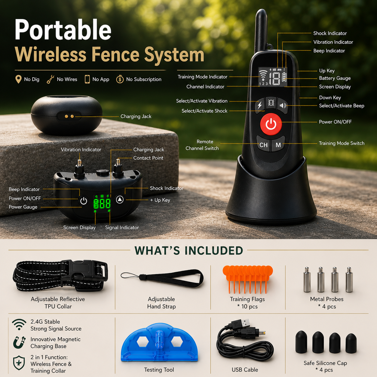 Portable wireless dog fence system with magnetic charging base, remote control, collar, and full accessory kit displayed in premium outdoor setting