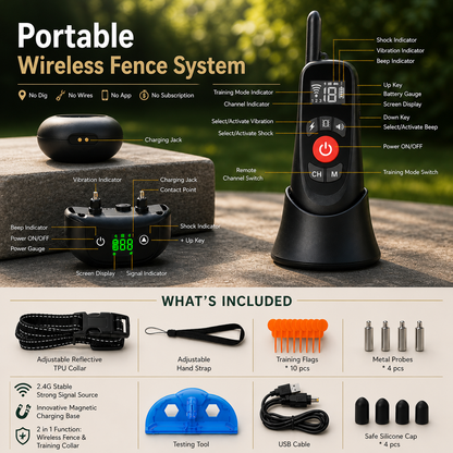 Portable wireless dog fence system with magnetic charging base, remote control, collar, and full accessory kit displayed in premium outdoor setting