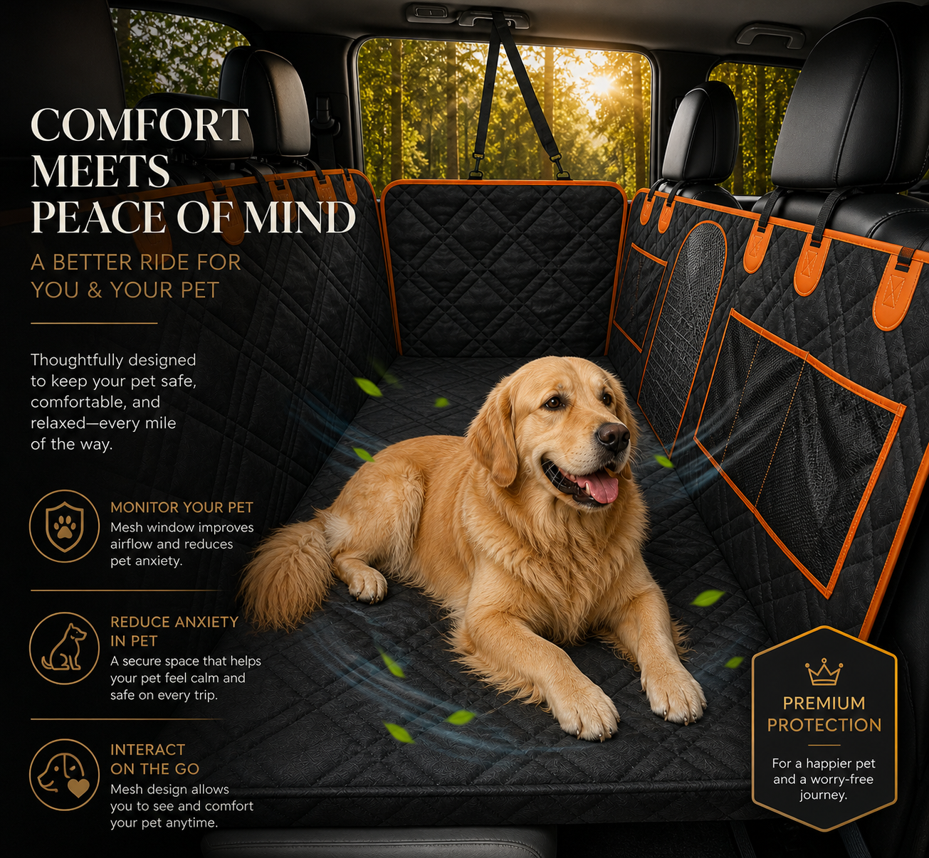 Premium waterproof dog car seat cover with hard bottom backseat hammock, featuring a golden retriever relaxing comfortably with ventilation mesh, luxury interior protection, and travel safety design