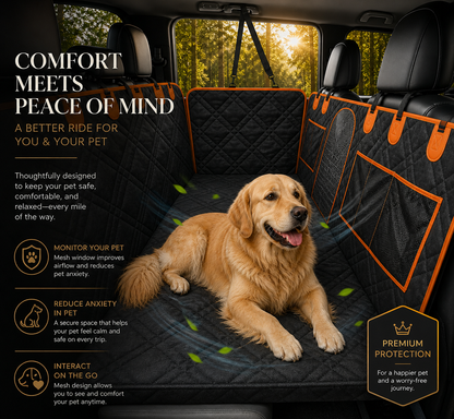 Premium waterproof dog car seat cover with hard bottom backseat hammock, featuring a golden retriever relaxing comfortably with ventilation mesh, luxury interior protection, and travel safety design