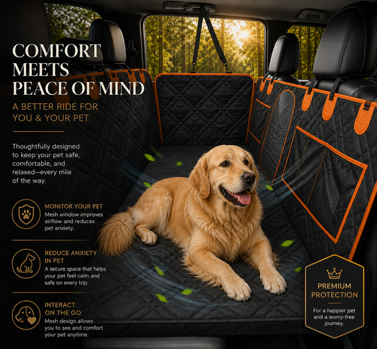 Premium waterproof dog car seat cover with hard bottom backseat hammock, featuring a golden retriever relaxing comfortably with ventilation mesh, luxury interior protection, and travel safety design