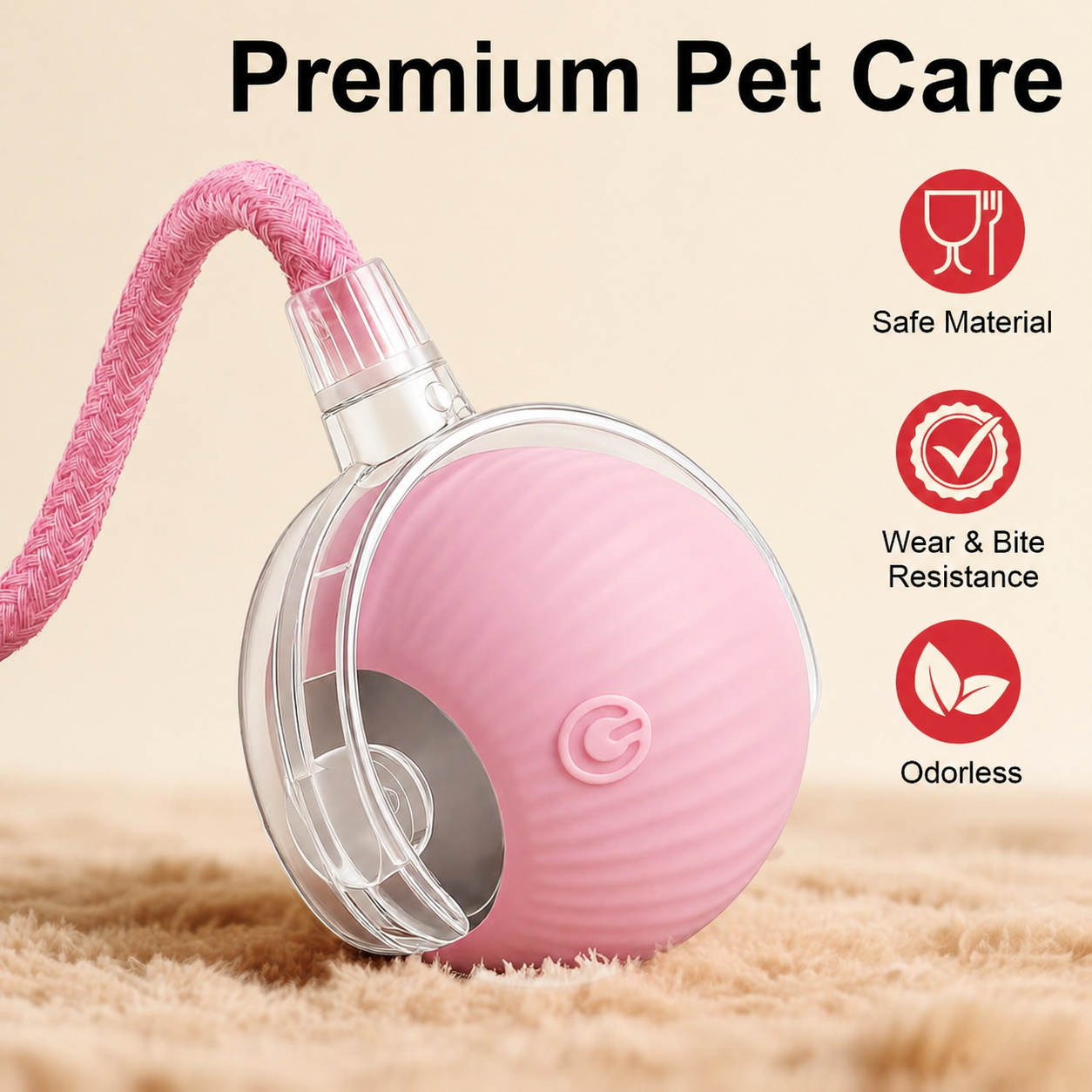 Premium pink interactive pet ball toy with rope made from safe durable bite resistant material for cats and dogs
