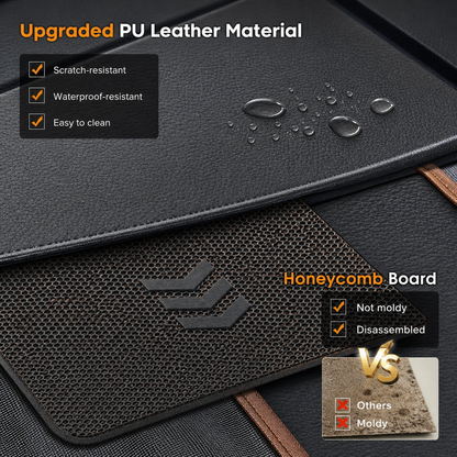 Close-up of waterproof scratch-resistant PU leather dog car seat material with honeycomb base structure, showing durable, easy-to-clean surface and anti-mold design