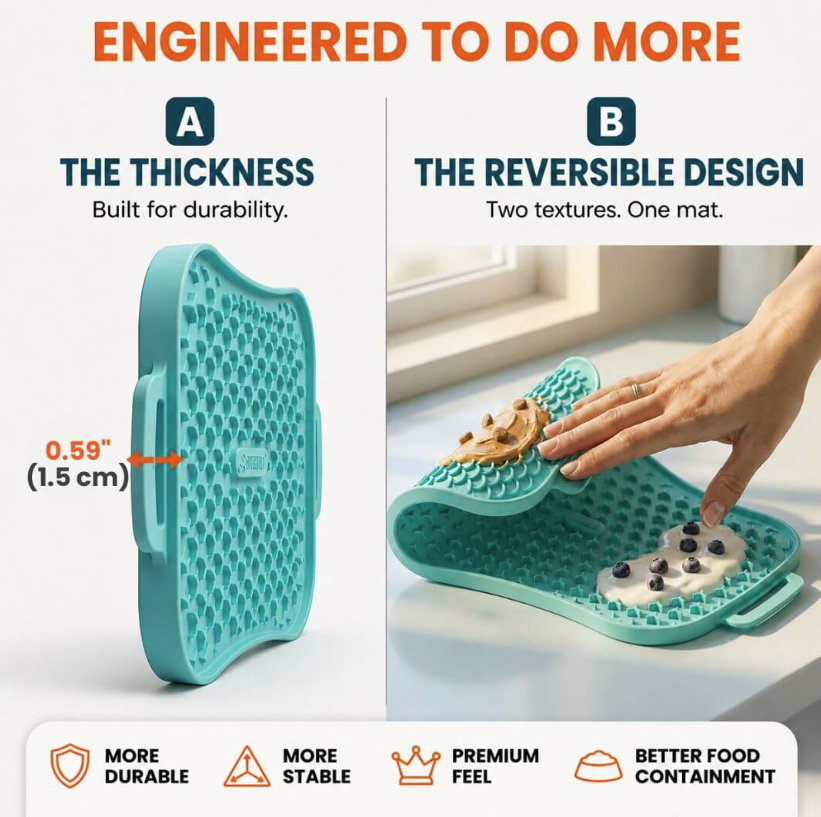 Thick reversible dog lick mat with two textured surfaces designed for durability, stability, enrichment, and different types of treats.