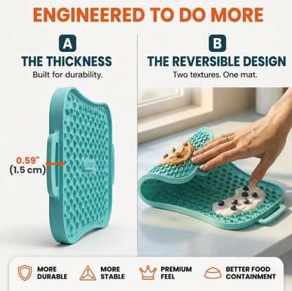 Thick reversible dog lick mat with two textured surfaces designed for durability, stability, enrichment, and different types of treats.
