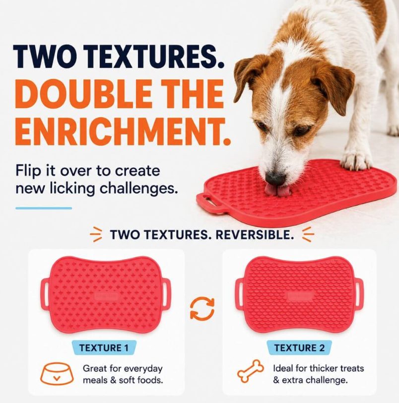 Reversible dog lick mat with two textured surfaces designed for everyday meals, soft foods, thicker treats, and added enrichment.