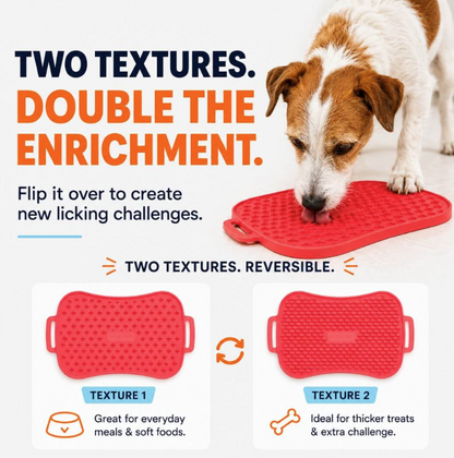 Reversible dog lick mat with two textured surfaces designed for everyday meals, soft foods, thicker treats, and added enrichment.
